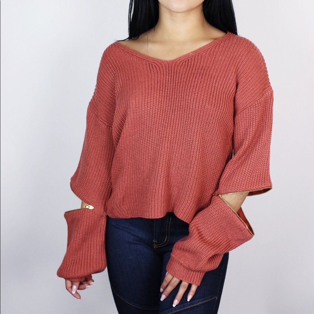 Zipper Arms Sweater -Coral